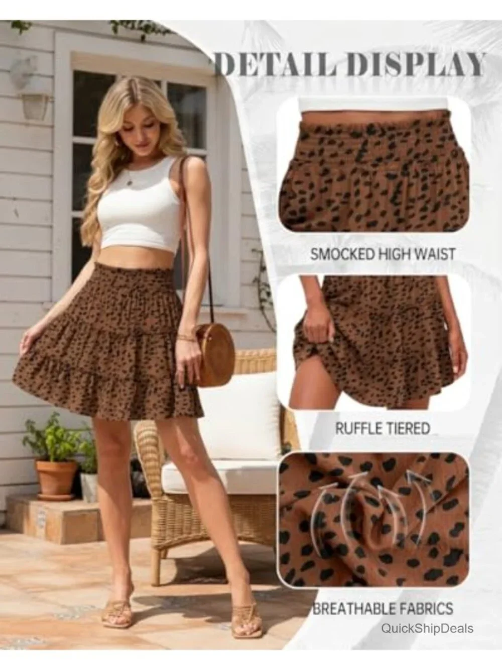 High Waisted Tiered Smocked Ruffle Mini Skirt Womens Flow Elastic Pockets